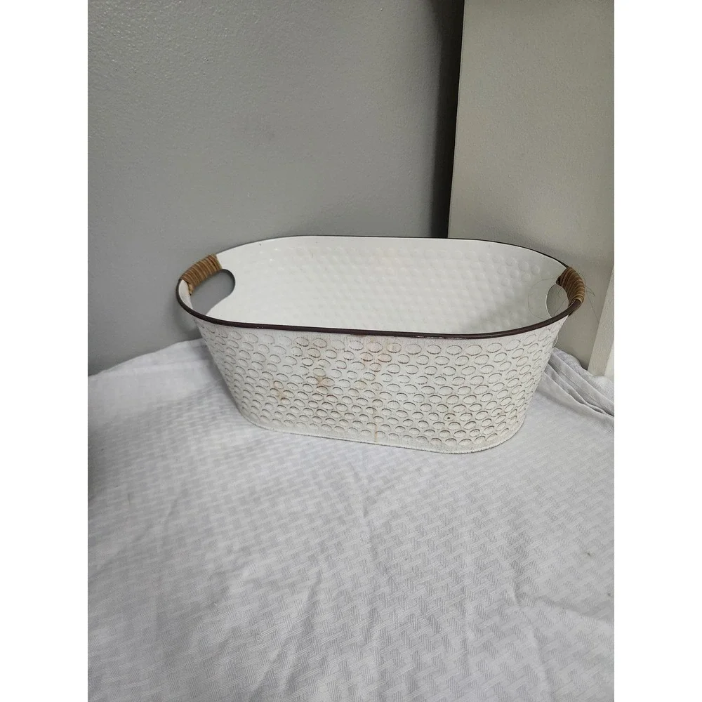 White Distressed Metal Oval Storage Bin with Rattan Handles Farmhouse Decor
